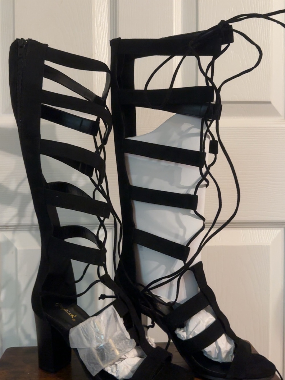 Women's Black Strappy Gladiator Block Heel Sandals